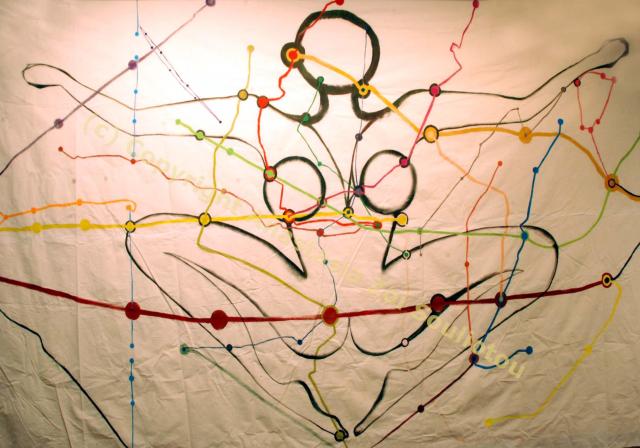 Anastasia Zoé SOULIOTOU, Île-de-Pachamama, gouache sur toile, 5m x 2.5m, 2013